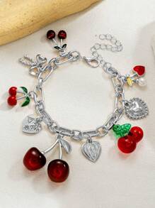 1pc Handmade Cherry Bow Heart Charm Bracelet, Golden Color Chunky Chain, Fashionable Cherry Bracelet Jewelry, Spring/Summer