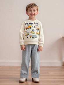 Toddler Baby Boys Fall Winter Outfit Fashionable Tool Cart Print Long Sleeve Sweatshirt Pullover Tops With Solid Color Pants 2 Pcs Outfits - Beige - View 4