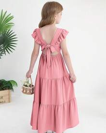 Girls Summer Dresses Tween Tie Back Ruffle Sleeve S Swing Flowy Casual Beach Maxi Dress - Màu Hồng Tươi - Xem 5