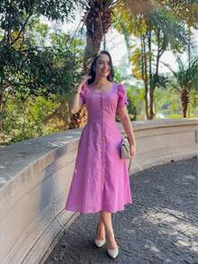 Simple Midi Dress Button Eyelet Embroidery Zipper Wedding - 查看 4