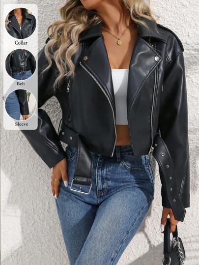 Jaqueta Curta com Zíper Diário Simples de Cor Sólida para Mulheres