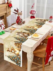 1pc 35x180cm Christmas Polyester Tablecloth, Vintage Gold Theme Polyester Tablecloth With Santa Claus And Snowman Pattern, Decorative Cloth For Family Dinner Party, Holiday Decor - Multicolor - View 2