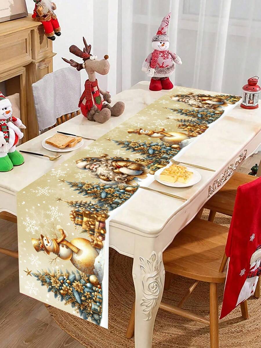 1pc 35x180cm Christmas Polyester Tablecloth, Vintage Gold Theme Polyester Tablecloth With Santa Claus And Snowman Pattern, Decorative Cloth For Family Dinner Party, Holiday Decor