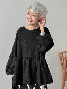 FRIFUL Women's Casual Solid Color Textured Loose Sweatshirt, Autumn,Long Sleeve Tops,Ruffle