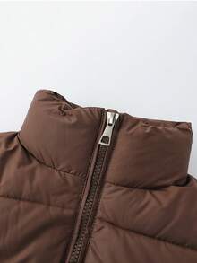 Abrigo corto de algodón con cremallera de metal y cuello alto para mujer, abrigo corto de algodón cálido, adecuado para el invierno. - Café integral - Ver 6