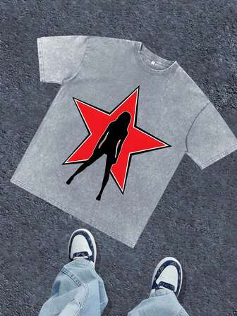 (230 Pure Cotton T-Shirt) "The Pentagram Person's Shadow" Pattern Printing, Suitable For Men's Casual, Comfortable, And Fashionable T-Shirts, Street Style Pure Cotton Round Neck Summer Clothes, High-Quality Printed Cotton Retro Fashion Retro Loose, Soft And Comfortable Casual Multi-Color T-Shirts, Suitable For Outdoor Wear In Summer, With A Certain Thickness, Suitable For Daily Wear And Gifting To Friends. Homecoming Season Gifts