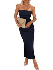 Women's Summer Bodycon Maxi Tube Dress Ribbed Strapless Side Slit Long Going Out Casual Elegant Party DressesHalloween Christmas New Year - 海軍 - 查看 1