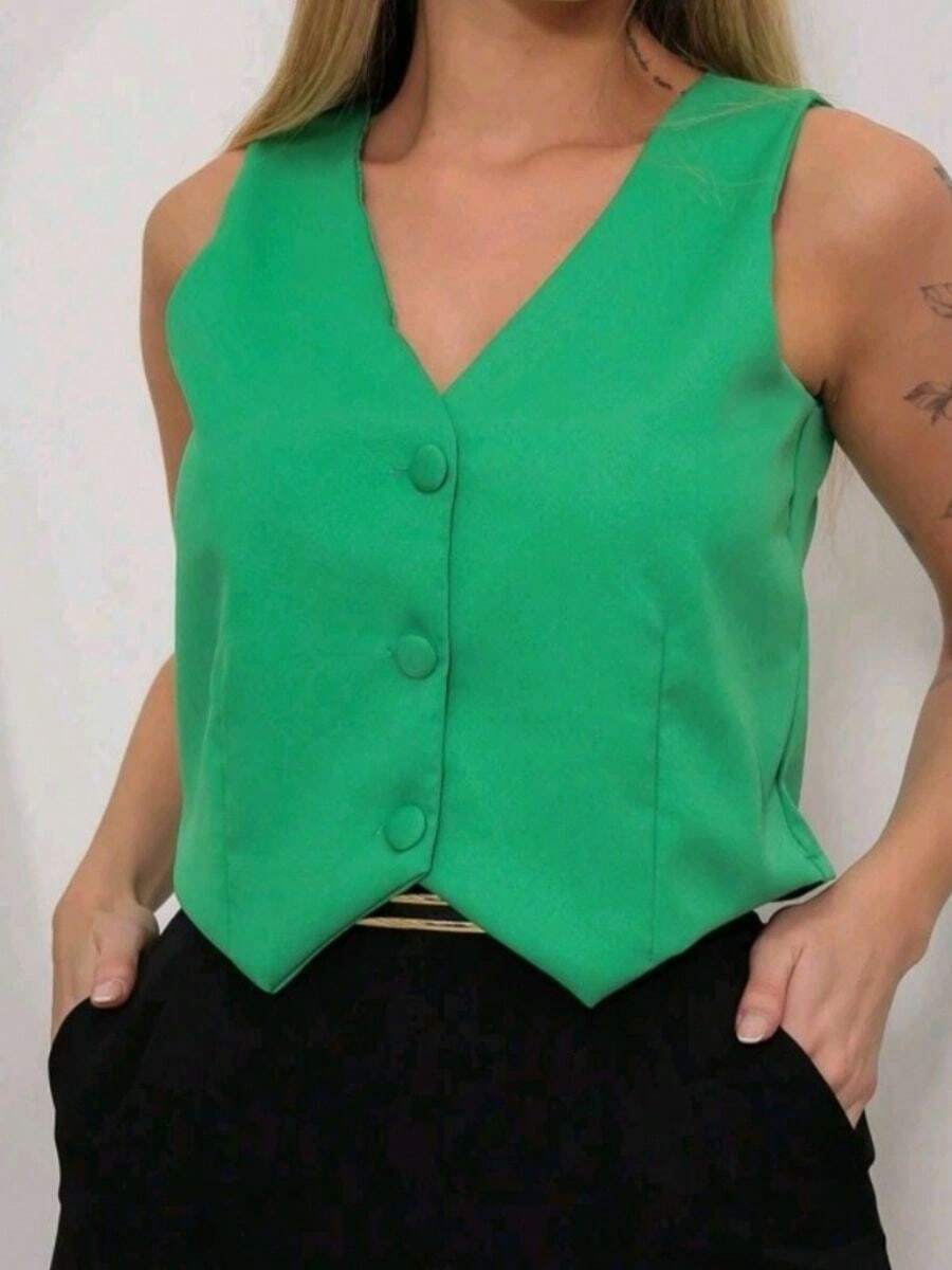Women's Tailored Vest, Lined With Three Buttons, V-Neck - Green-flag - View 1