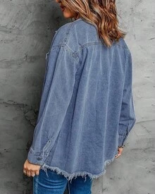 Vetinee Women's Oversized Button Up Frayed Hem Shacket Long Sleeve Pockets Denim Jean Jacket - 千洋之藍 - 查看 3