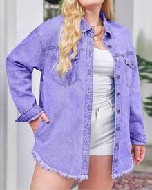 Vetinee Women's Oversized Button Up Frayed Hem Shacket Long Sleeve Pockets Denim Jean Jacket - Aster Purple - 查看 7