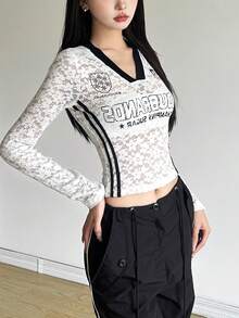 女式纯色修身短款上衣 V 领长袖印花衬衫