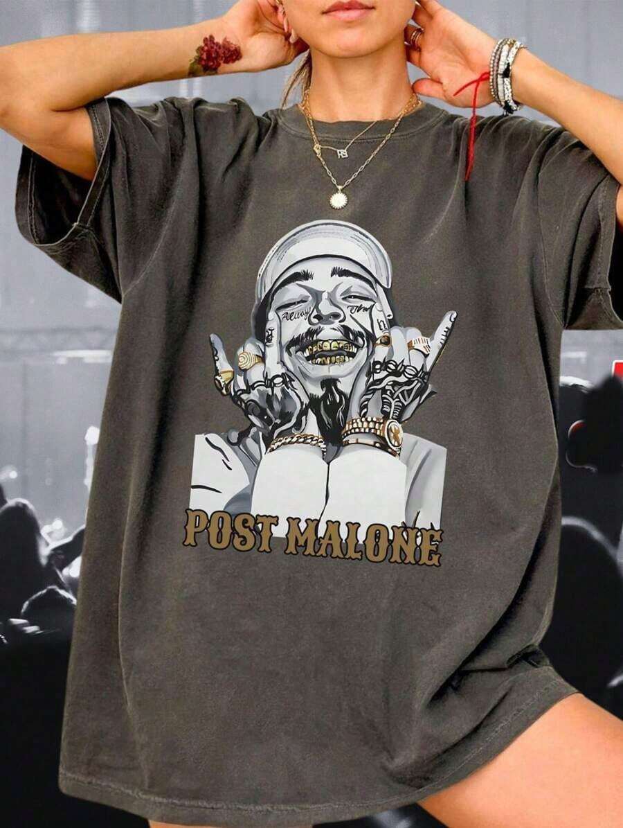 Posty Malone Tour Vintage Rap Country Concert Printed TShirt,Women Oversized Y2K Western Cowgirl Bootleg Cotton Crew Neck Summer Festival Vacation Top - AA14 - 查看 1