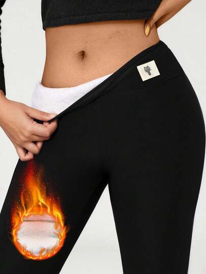 1pc Women's Thick Thermal Lined Leggings, Cat Logo Print, Suitable For Skiing, Outdoor Leisure, Sports, Winter Warm Pants, Brushed Fabric Black