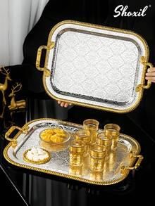 shoxil 1 件中东风格金色镶边托盘带手柄，储物托盘适用于存放咖啡壶和咖啡杯/茶杯，托盘，食物展示盘，用于存放饰品的装饰托盘，适用于客厅展示，餐厅招待，茶室装饰，送礼，咖啡厅装饰 - 托盤 - 查看 3