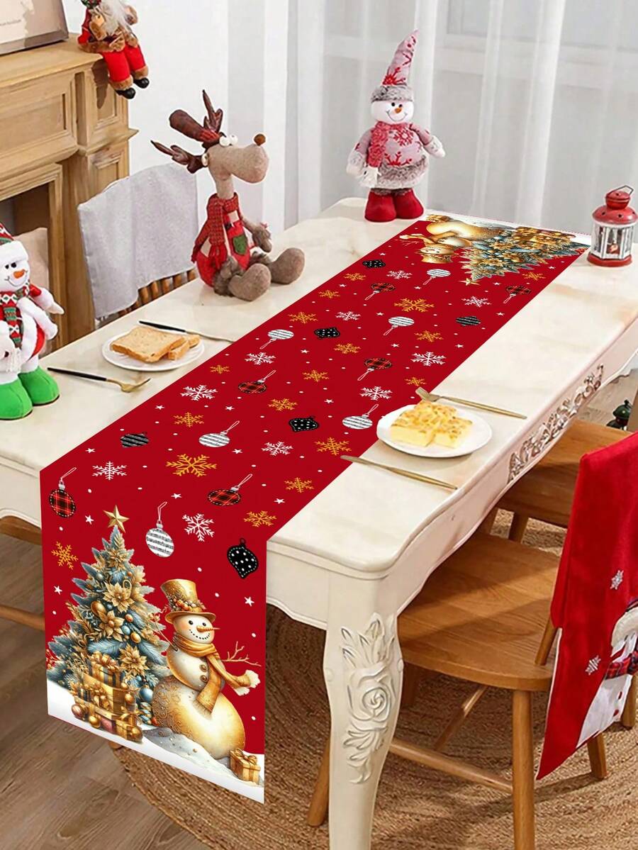 1pc 35x180cm Christmas Polyester Tablecloth, Red Polyester Tablecloth With Gold Snowman And Gift Christmas Tree Pattern, Suitable For Christmas Dinner Table Decoration, Home Holiday Textile Decor