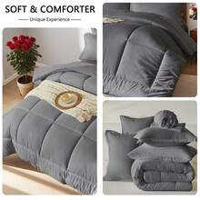 100% Microfiber 7 Pieces Chic Bed Comforter Set, Designed With Geometric Quilting, Suitable For Hotel Bedroom Room Decor, Suitable For All Four Seasons, Soft And Comfortable Summer Bedding Set, Including 1 Comforter, 4 Pillowcases, 1 Flat Sheet And 1 Fitted Sheet. - Màu xám đen - Xem 2