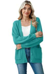 Women Chunky Knit Cardigan Sweater Long Sleeve Button Up Cardigan With Pocket Sweater Coat Fall And Winter, Fashionable Knitwear SLK8 - 藍綠色 - 查看 3