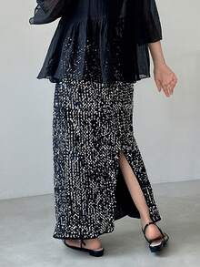 FRIFUL 女士直筒亮片装饰极简半身裙，休闲新年嘉年华女装 - 黑色 - 查看 7