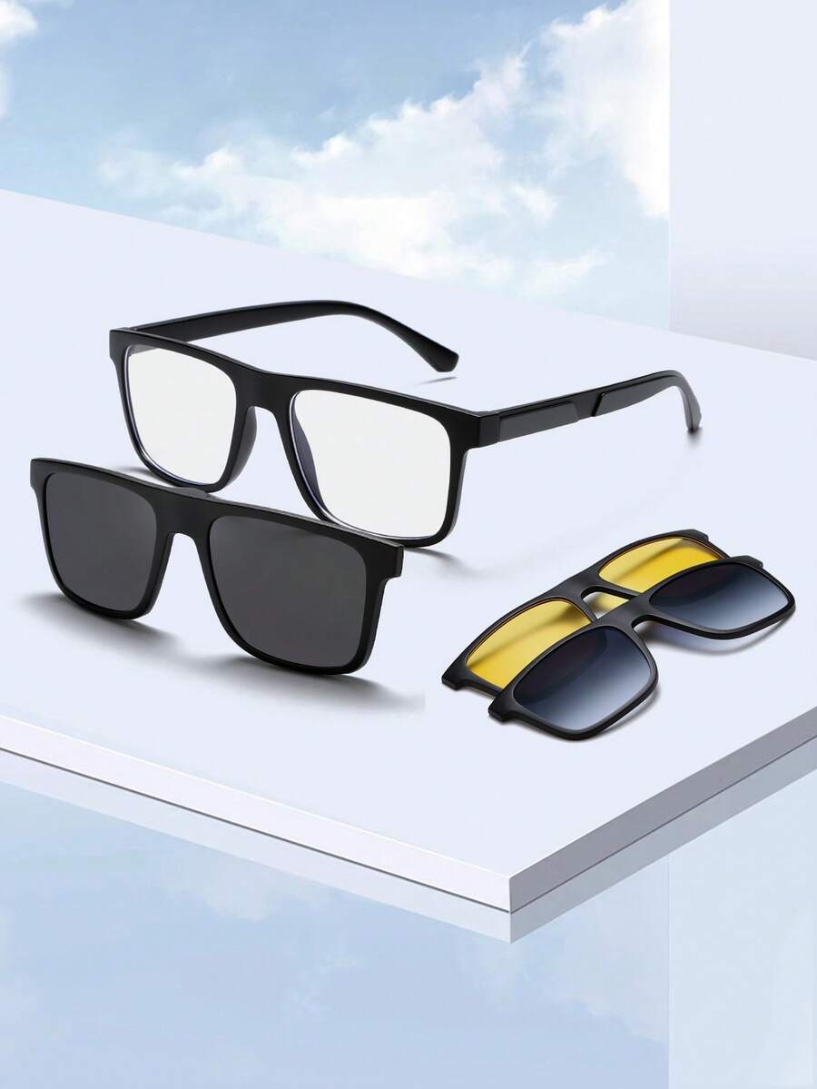 4 piezas Gafas de moda con clip magnético TR90, gafas de deporte y conducción de moda, gafas cuadradas retro unisex - Multicolor - Ver 1