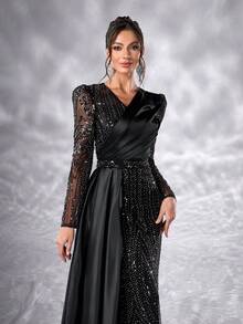 YISIKADO Women Mesh Contrast Pleated Satin Luxury Sequin Evening Dress Formal Dress V Neck Long Sleeve Elegant Wedding Guest Dress, For Graduation, Banquet Dinner Ceremony Celebration Ceremonial Dress - 黑色 - 查看 6