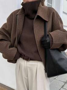 Camellia New Autumn/Winter Women's American Minimalist Street Fashion Zip Decor Lapel Jacket Spring - Coffee Brown - View 3
