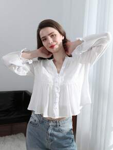 Áo kiểu Pháp thanh lịch và độc đáo, thêu hoa và thiết kế khoét rỗng, áo sơ mi dài tay nữ kiểu dáng thường ngày cho mùa xuân và mùa hè. - Màu be - Xem 2