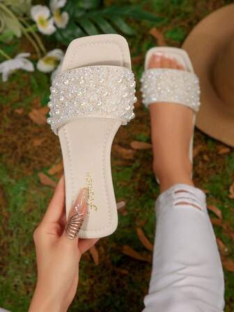 Plus Size Women's Slip-On Sandals, New Summer Silver Square Toe Flat Sandals, Fashion Non-Slip Rhinestone Soft Bottom Strap Slides, Suitable For Dresses, Beach, Casual Wear