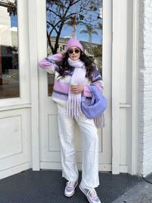 森雅秋冬新款女装休闲时尚撞色条纹圆领长袖针织衫宽松休闲简约百搭日常办公通勤落肩套头衫毕业返校约会套头衫 - 紫色 - 查看 2