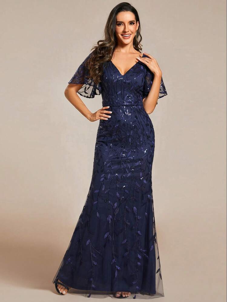 Elegante vestido de noche de sirena azul marino con cuello en V, mangas de mariposa, flores y lentejuelas de malla, adecuado para bodas de primavera, galas y fiestas - Azul Marino - Ver 3
