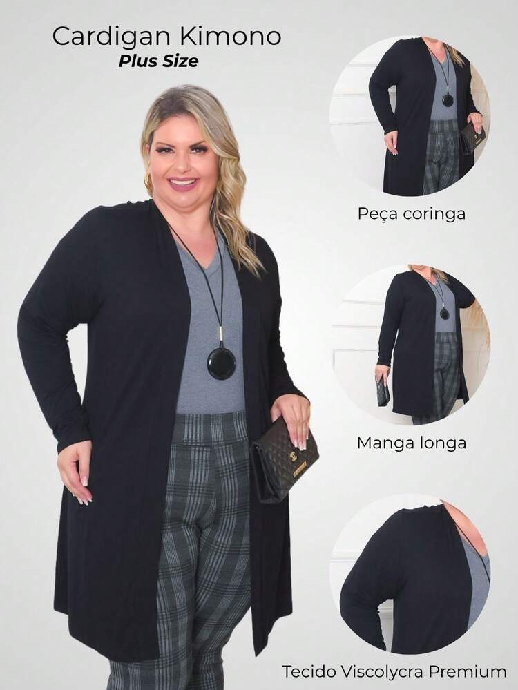 Cardigan Feminino Manga Longa KIMONO Malha Plus Size Inverno Viscolycra Premium - Preto - Visão 2