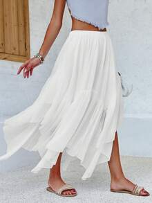 Womens High Low Hem Maxi Skirt Asymmetric Flowy Long Skirts Summer Casual Wear - White - View 2