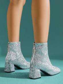 Women's Fashion Glitter Chunky Heel Ankle Boots, Back Zipper Square Toe High Heel Boots, Runway Plus Size Dress Boots - Silver - View 3
