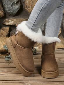 Women's Thick Sole Fashion Boots, Solid Color Y2K Casual Cute Faux Fur Patchwork Outdoor Warm Comfortable Snow Boots, Suitable For Outdoor, Vacation, Winter