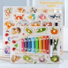 3+ Years Old Wooden Embedded Children's Hand Grab Board With Matching Puzzle, Xylophone, Painting Game Set, Reverse Side With Drawing & Writing Board, Animal, Fruit, Transportation Cognitive Early Education Intelligence Development Toy. Montessori Wooden Toy Learning Tool