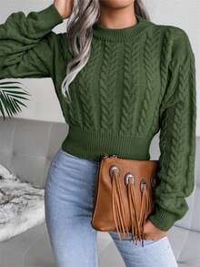 Women's Cable Knit Crew Neck Long Sleeve Cropped Pullover Sweater, Casual For Autumn/Winter - xanh quân đội - Xem 4