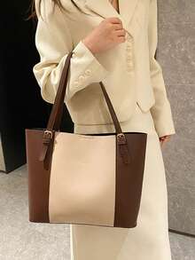 大容量休闲手提包，拼色设计配字母金箔装饰，可调节肩带，女士百搭通勤包 - 彩色 - 查看 3