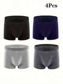 4pcs Men's Cotton Boxer Briefs - Breathable Stretch Comfort Waistband, Mid-Stretch Fabric, Solid Colors For Casual & Athletic Wear  Basics    Plain    Mid Rise - 混合顏色 - 查看 2