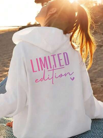 Letter Print Sweatshirt, Drawstring Casual Hooded Sweatshirt For Winter & Fall, Plus Size Women's Clothing White