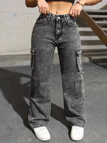 女式多口袋直筒牛仔裤 - 灰色 - 查看 3