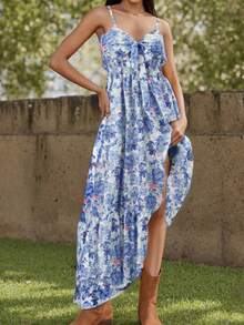 Women's Summer Long-Sleeved V Neck Dress Skin Friendly Soft And Comfortable Thin Shoulder Straps Flower Print Swing Set Regular Style Daily Date Party Vacation Versatile Long Skirt Fashionable And Comfortable