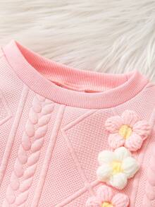 2pcs/Set Baby Girls Casual Versatile Solid Color Cute Floral Decor Round Neck Long Sleeve Sweatshirt Top And Elasticated Waist Sports Pants Set - Pink - View 2