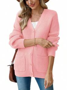 Women Chunky Knit Cardigan Sweater Long Sleeve Button Up Cardigan With Pocket Sweater Coat Fall And Winter, Fashionable Knitwear SLK8 - Hồng - Xem 10