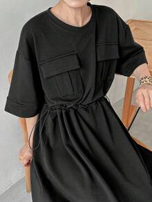 FRIFUL 女式翻盖口袋抽绳腰长款工装连衣裙太阳裙