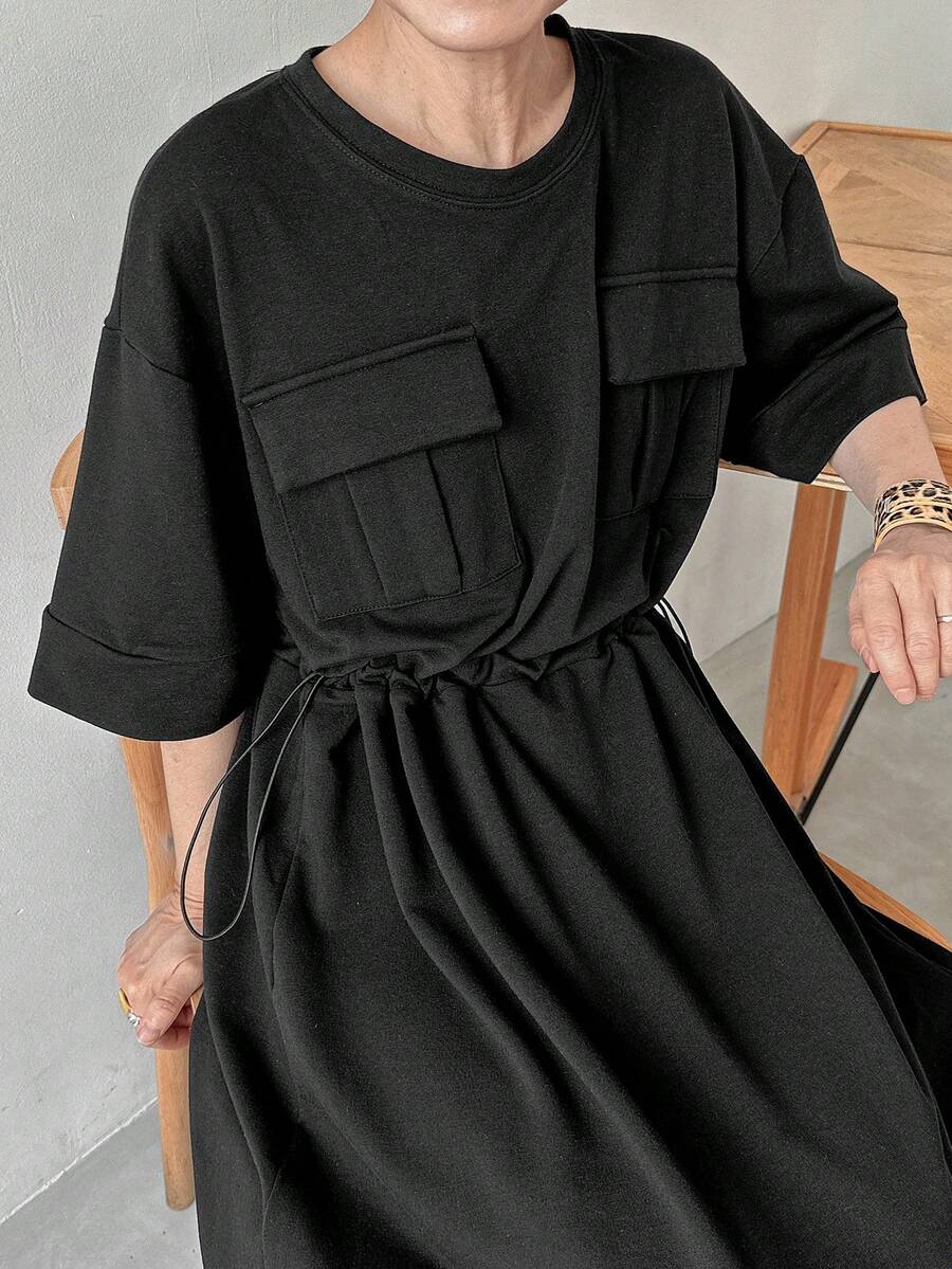 FRIFUL 女式翻盖口袋抽绳腰长款工装连衣裙太阳裙