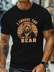 Camiseta de Verano para Hombre de Talla Grande, Diseño de Oso y Atardecer Lujoso, Impresión Gráfica, Camisetas de Manga Corta, Tops Casuales de  para la Vida Diaria, para Hombres Grandes y Altos - Negro - Ver 1