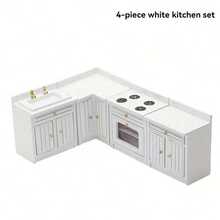 1/12 Escala Muebles de Cocina de Juguete Miniatura de Madera para Casa de Muñecas - Incluye Gabinete, Refrigerador, Estufa, Fregadero y Mostrador, Adecuado para Decoración de Casa de Muñecas, Combinación Rosa