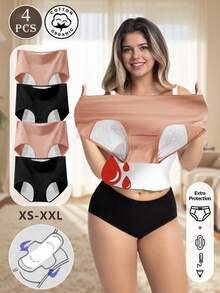 4 Peças Calcinhas de Cintura Alta de Algodão para Mulheres - Cor Sólida, Calcinha de Cobertura Total com Alta Elasticidade, À Prova de Vazamentos, Entreperna Extra Larga e Longa para Período Menstrual, XS-XXL