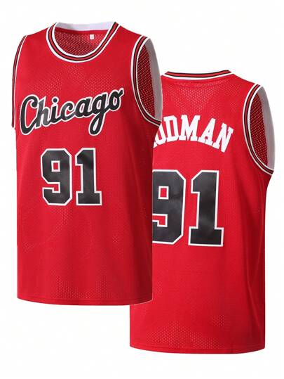 男子篮球服球衣 91 红色刺绣休闲运动背心圆领无袖训练服