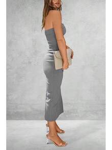Women's Summer Bodycon Maxi Tube Dress Ribbed Strapless Side Slit Long Going Out Casual Elegant Party DressesHalloween Christmas New Year - 灰色 - 查看 2