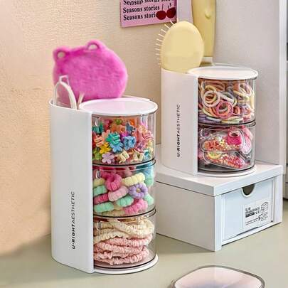 1 件儿童房旋转桌面收纳盒，2 层 3 隔层防尘发夹收纳盒